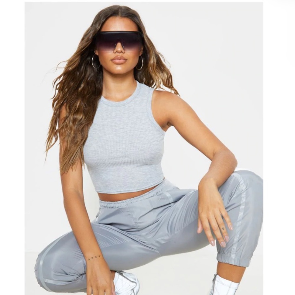 PrettyLittleThing Grey Ribbed Racer Neck Tank